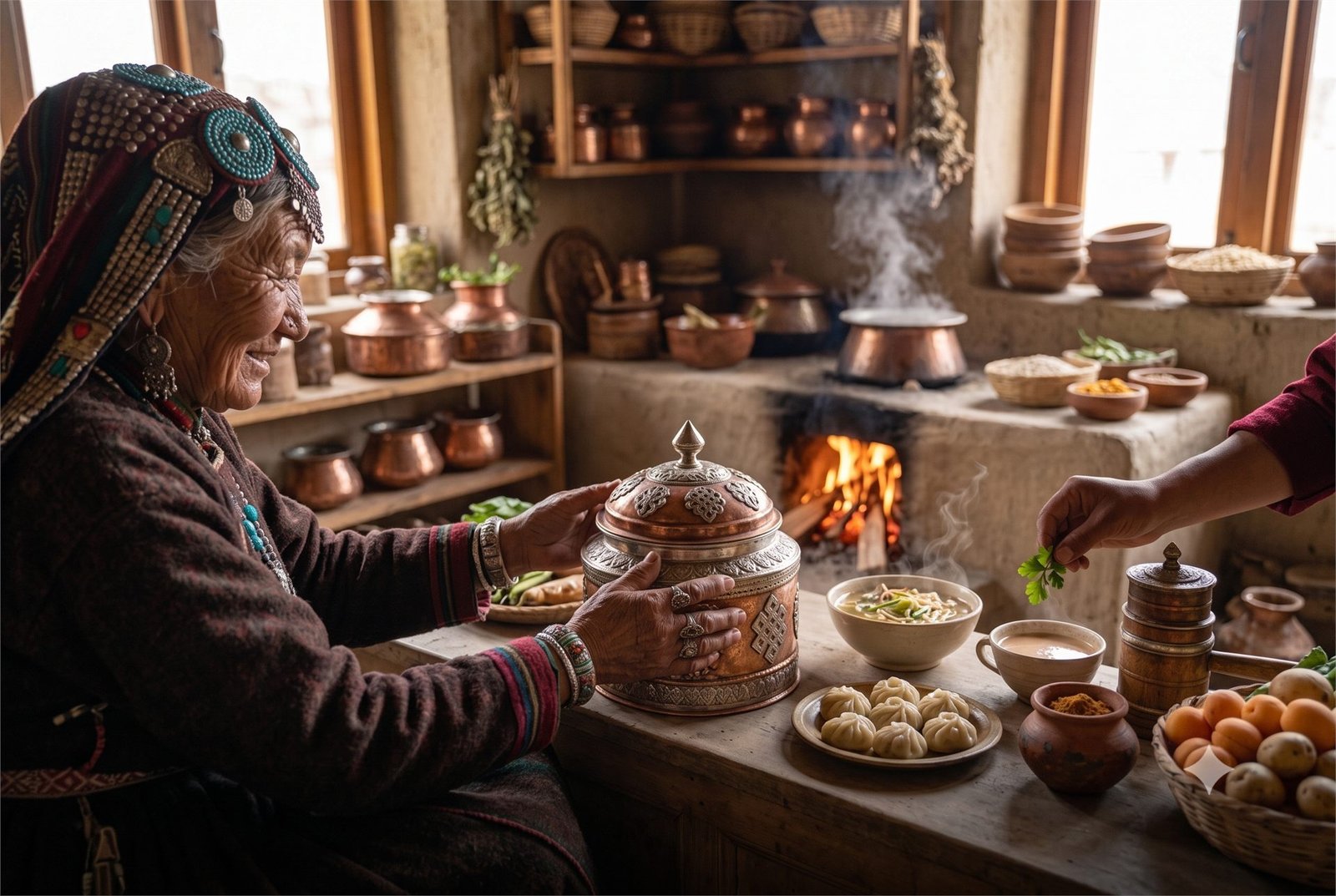A Ladakhi Don laid out in a village home — khambir, thukpa and butter tea by the fire