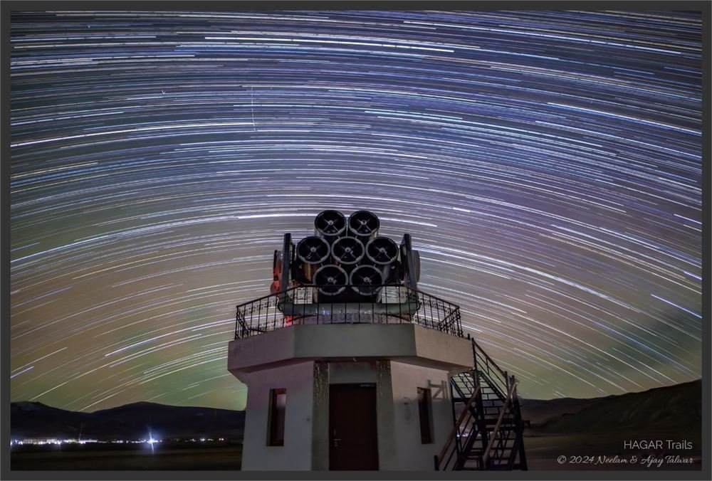 Concentric star trails circling the celestial pole above the HAGAR telescope array at Hanle