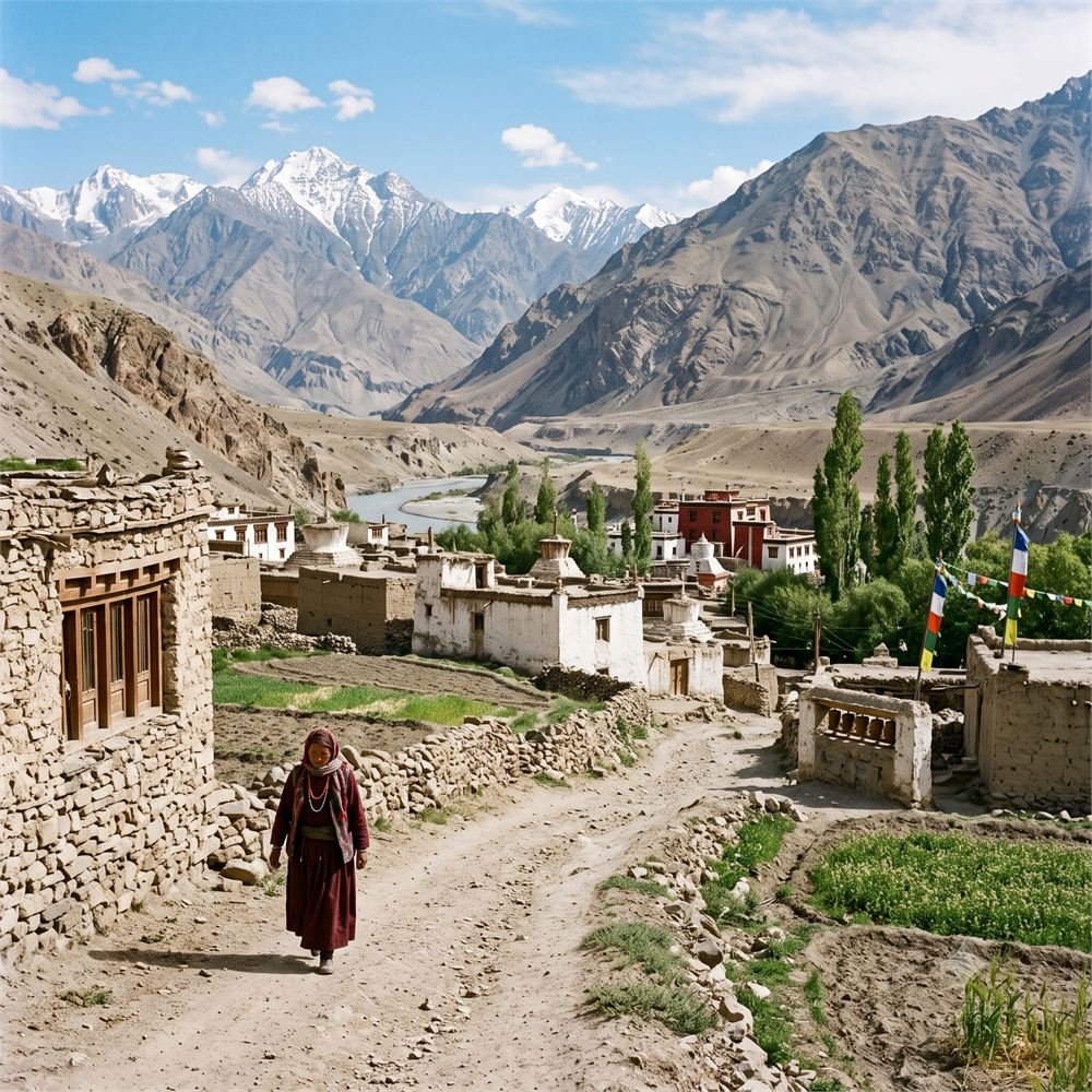 Sham Valley — green fields, villages and Himalayan mountains