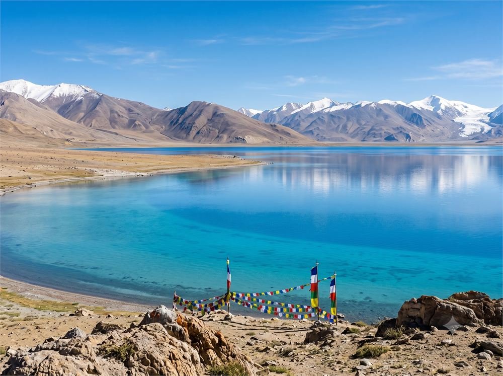 The still blue waters of Tso Moriri ringed by snow peaks